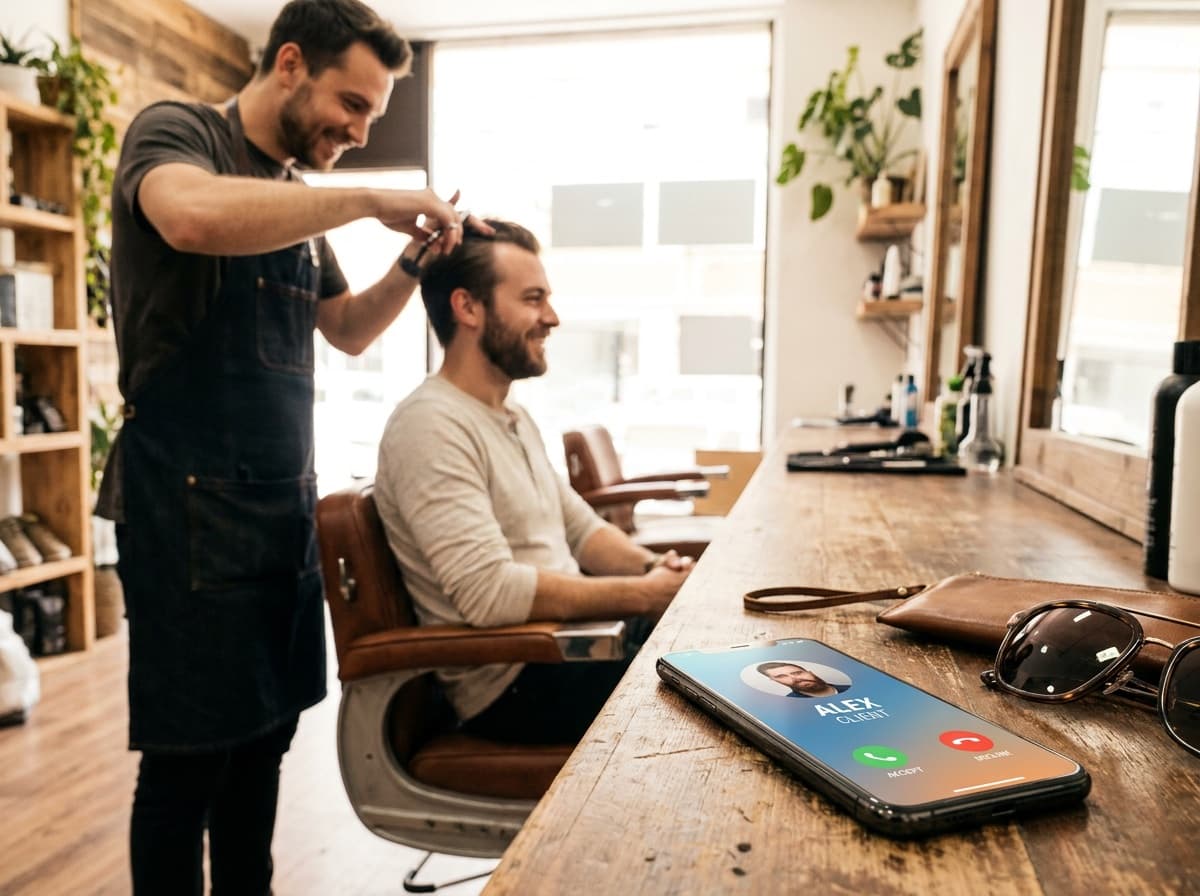 An AI answers the phone while a business owner keeps working