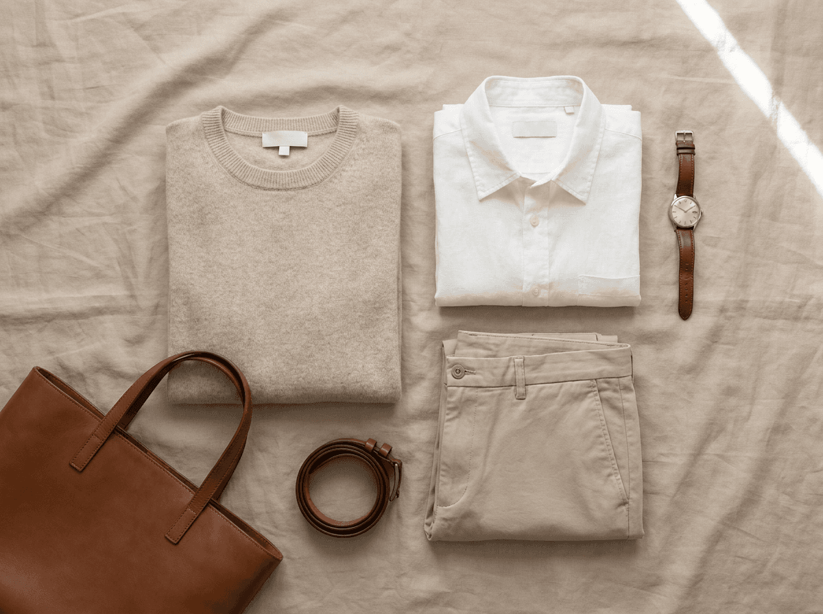 Studio imagery example: a neutral-tone apparel flat-lay
